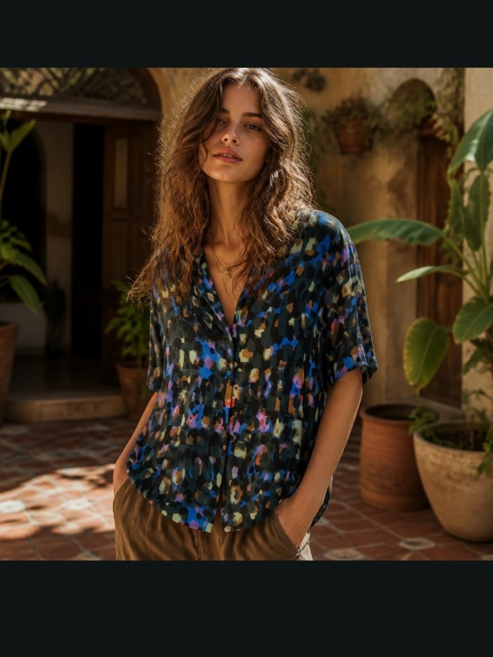 Printed Short-Sleeve Button Front Blouse in Multicolor